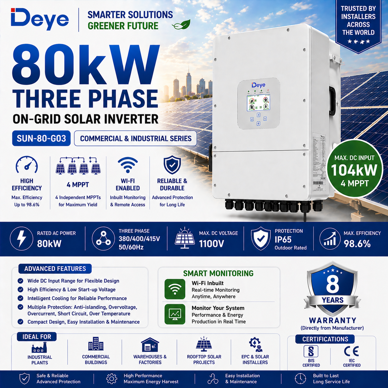 Deye 80kW Three Phase On-Grid Solar Inverter | 4 MPPT | Wi-Fi Enabled ...