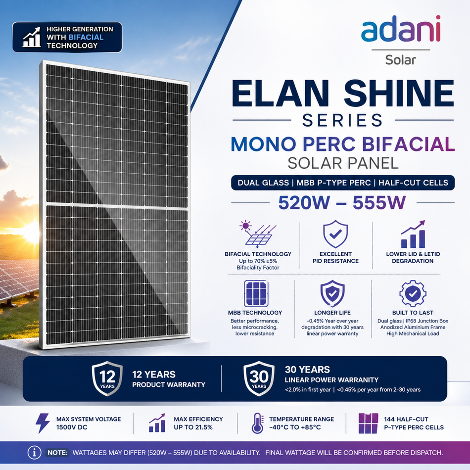 Adani Solar 540Wp Mono PERC Bifacial Solar Panel (DCR) | Dual Glass | 144 Half-Cut Cells | ELAN SHINE Series