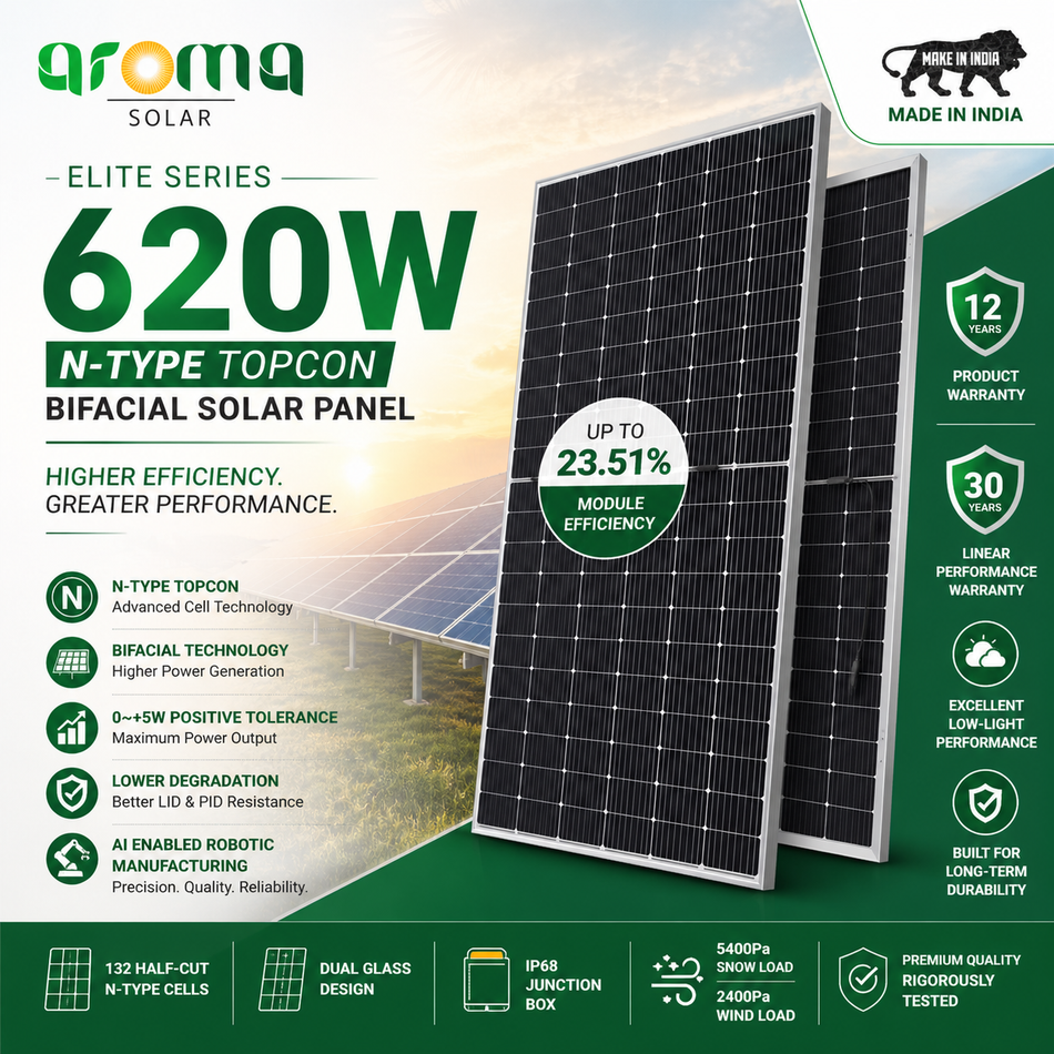 Aroma Solar 620W N-Type TOPCon Bifacial Solar Panel | High Efficiency Module | Made in India