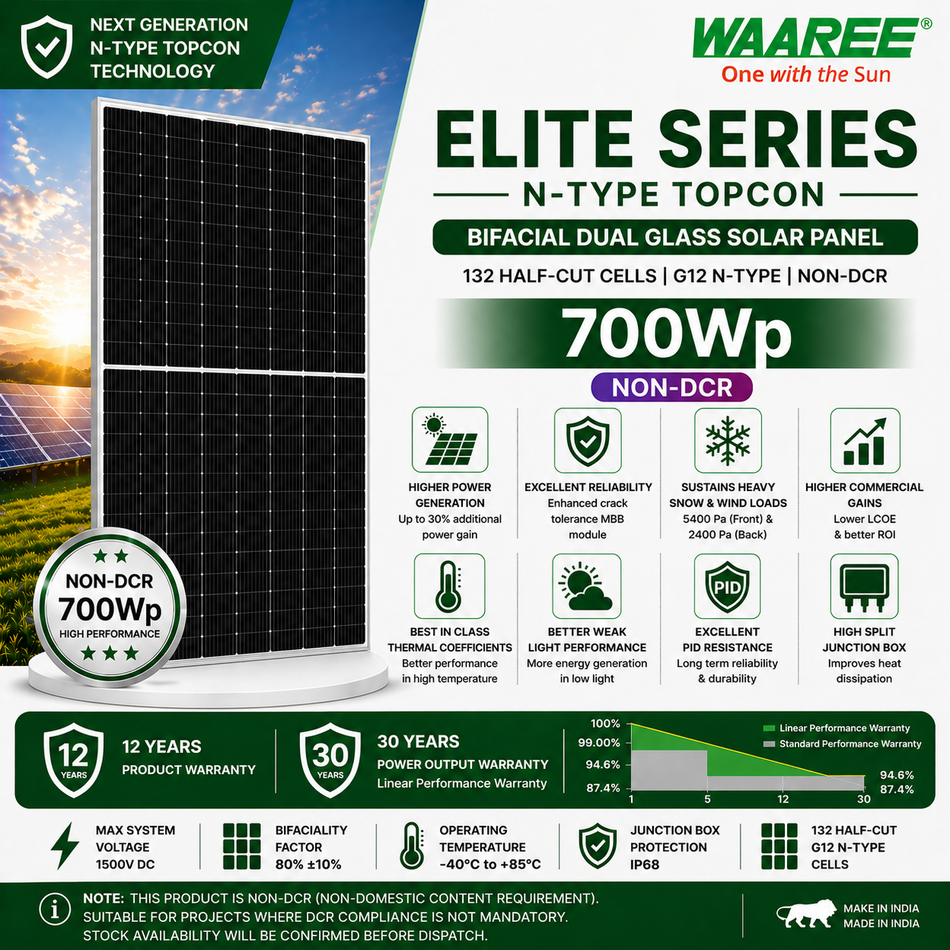 Waaree 700Wp N-Type TOPCon Bifacial Solar Panel (NON-DCR) | Dual Glass | 132 Half-Cut Cells | Elite Series