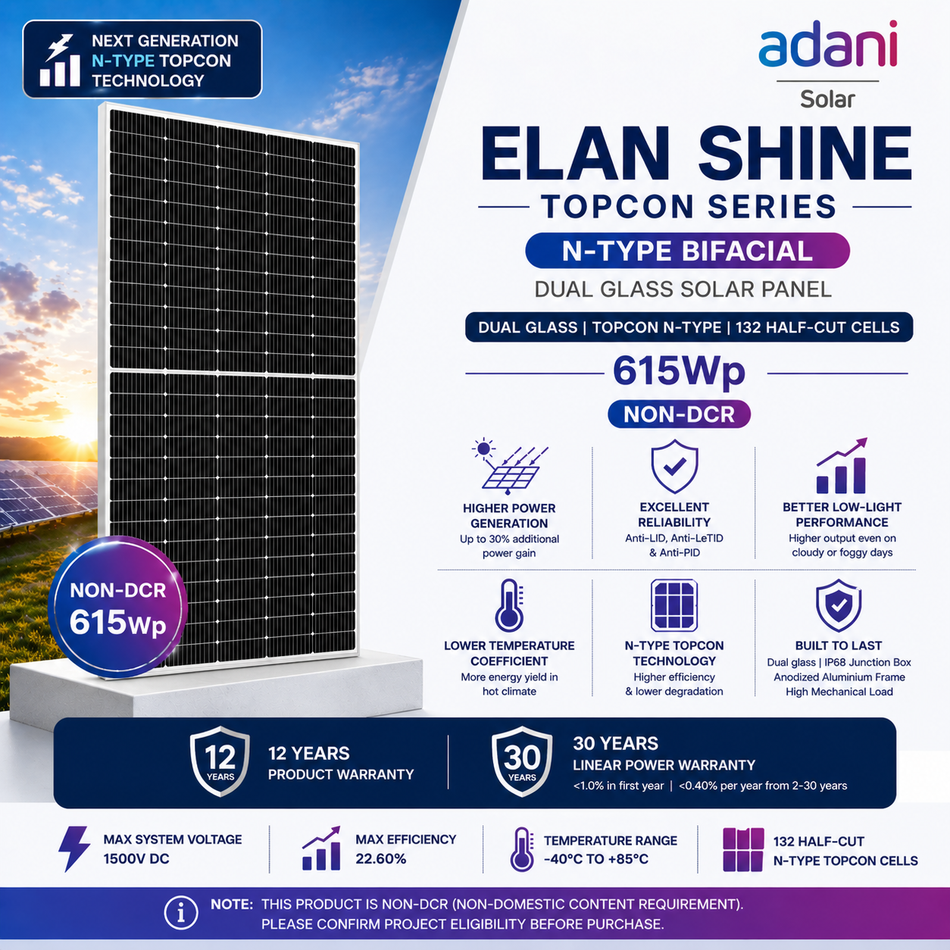 Adani Solar 615Wp TOPCon N-Type Bifacial Solar Panel (NON-DCR) | Dual Glass | 132 Half-Cut Cells | ELAN SHINE Series