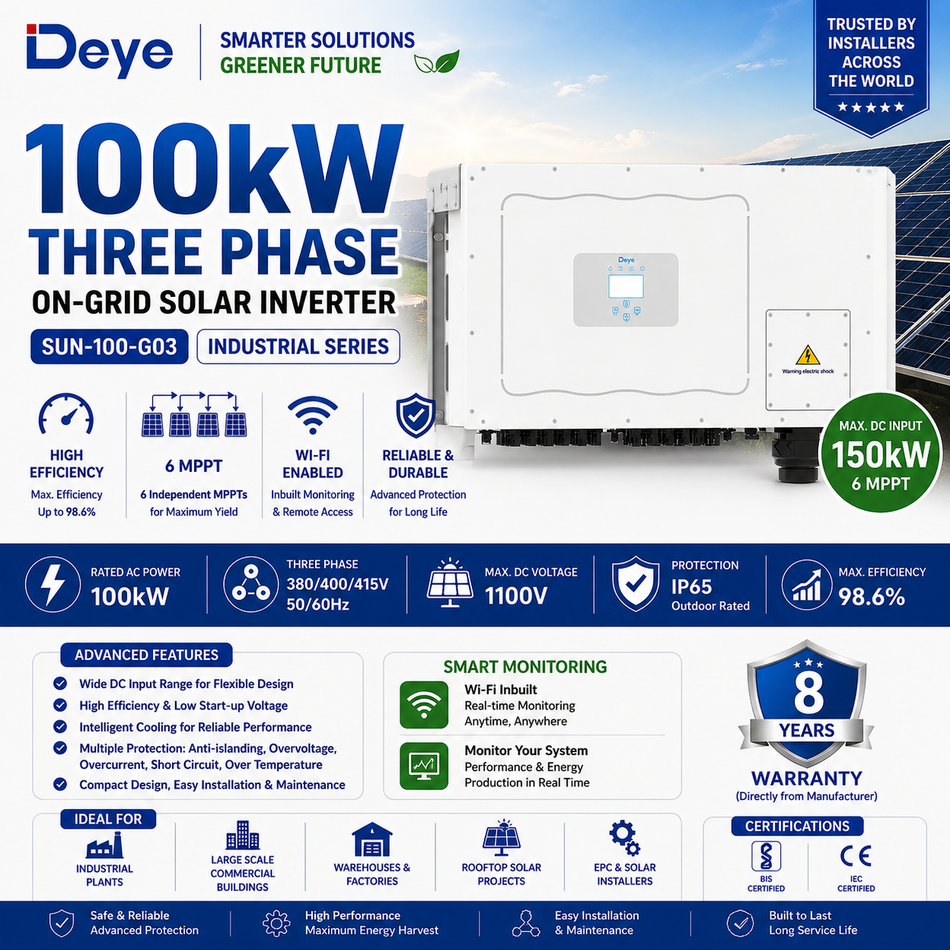 Deye 100kW Three Phase On-Grid Solar Inverter | 6 MPPT | Wi-Fi Enabled | Industrial Solar Inverter (SUN-100-G03