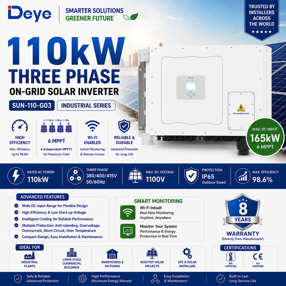 Deye 110kW Three Phase On-Grid Solar Inverter | 6 MPPT | Wi-Fi Enabled | Industrial Grade Inverter (SUN-110-G03)