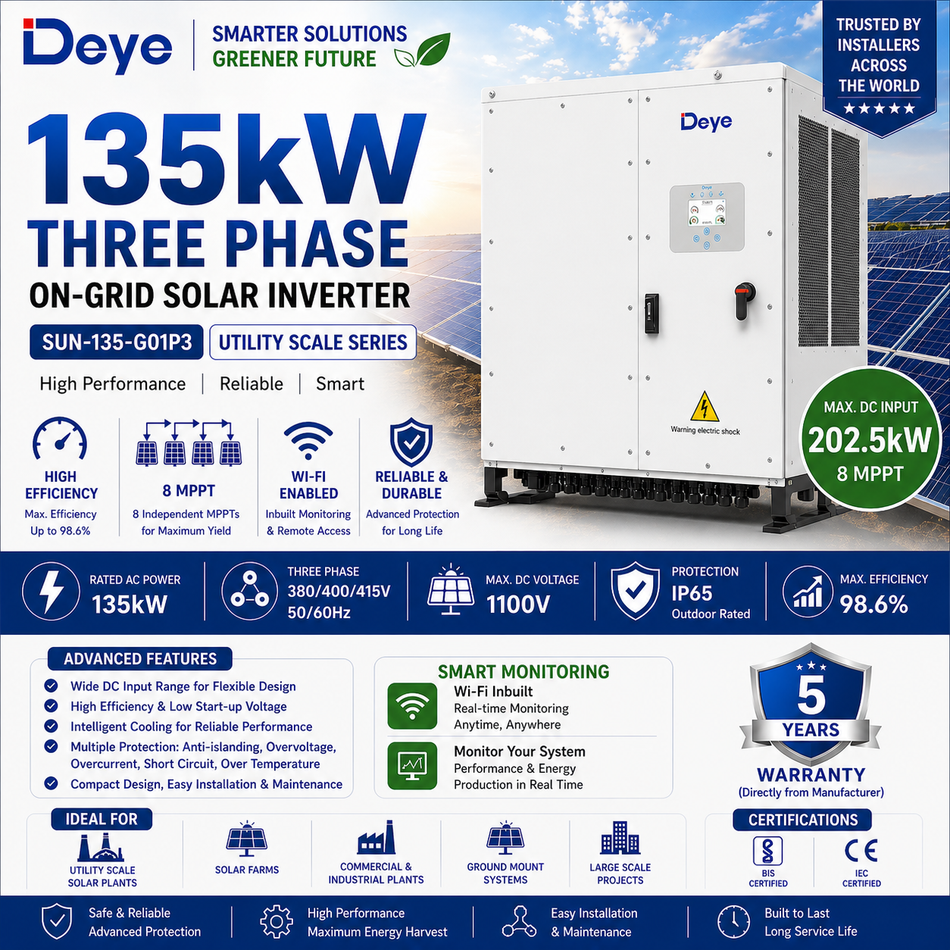 Deye 135kW Three Phase On-Grid Solar Inverter | 8 MPPT | Wi-Fi Enabled | Utility Scale Inverter (SUN-135-G01P3)