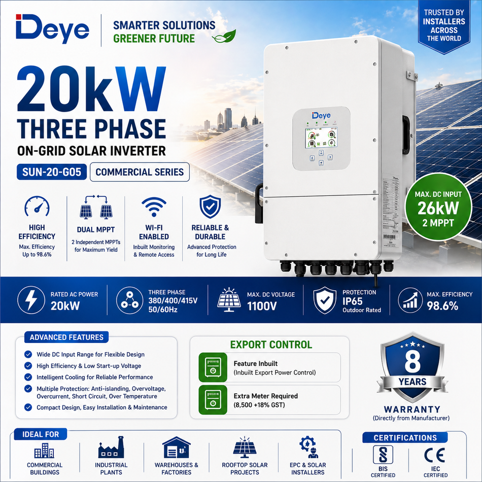 Deye 20kW Three Phase On-Grid Solar Inverter | Dual MPPT | Wi-Fi Enabled | Commercial Series (SUN-20-G05)