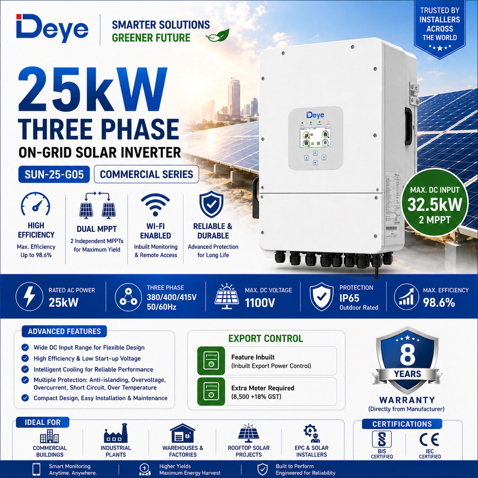 Deye 25kW Three Phase On-Grid Solar Inverter | Dual MPPT | Wi-Fi Enabled | Commercial Solar Inverter (SUN-25-G05)