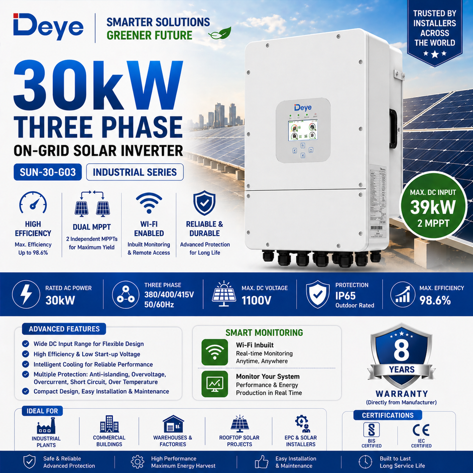 Deye 30kW Three Phase On-Grid Solar Inverter | Dual MPPT | Wi-Fi Enabled | Industrial Solar Inverter (SUN-30-G03)