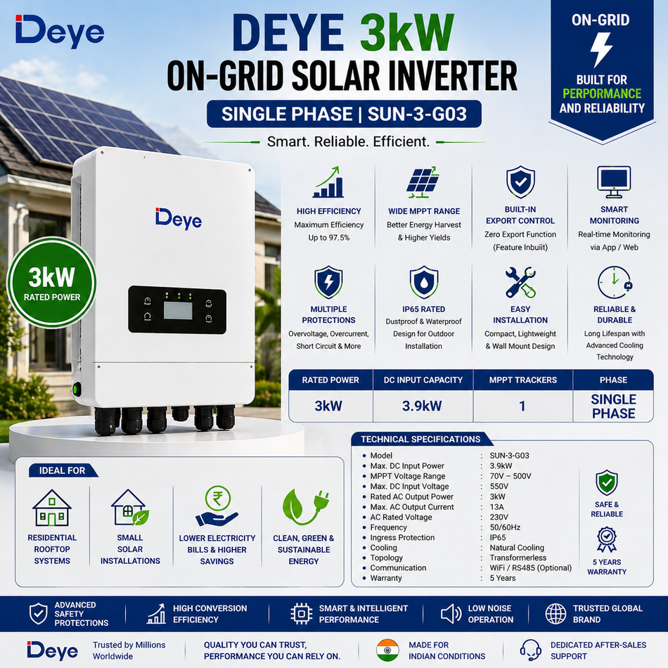 Deye 3kW On-Grid Solar Inverter | Single Phase | SUN-3-G03