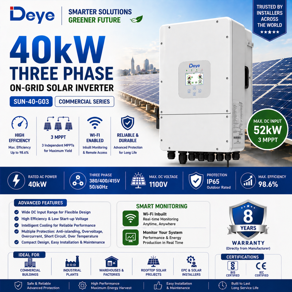 Deye 40kW Three Phase On-Grid Solar Inverter | 3 MPPT | Wi-Fi Enabled | Commercial Solar Inverter (SUN-40-G03)