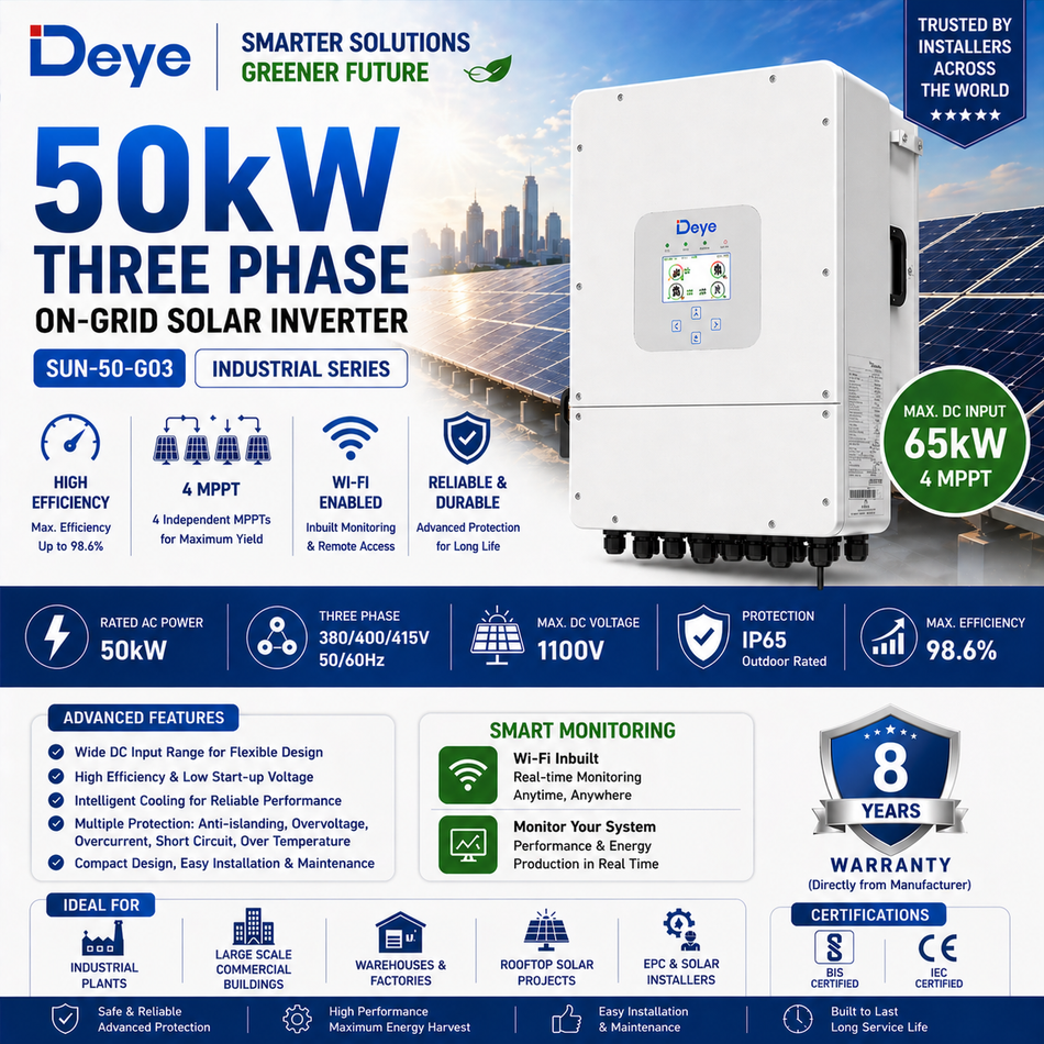 Deye 50kW Three Phase On-Grid Solar Inverter | 4 MPPT | Wi-Fi Enabled | Industrial Solar Inverter (SUN-50-G03)