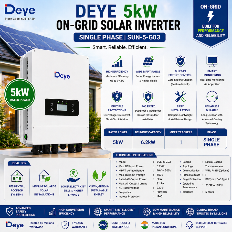Deye 5kW On-Grid Solar Inverter | Single Phase | SUN-5-G03