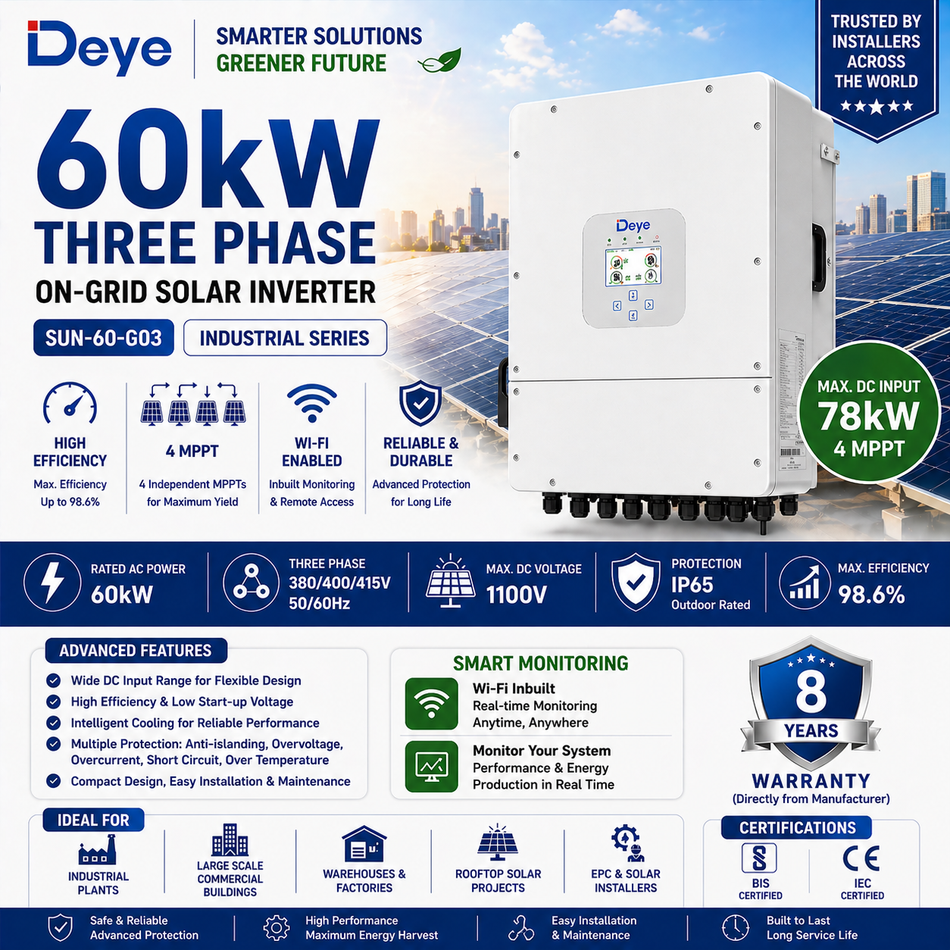Deye 60kW Three Phase On-Grid Solar Inverter | 4 MPPT | Wi-Fi Enabled | Industrial Grade Inverter (SUN-60-G03)