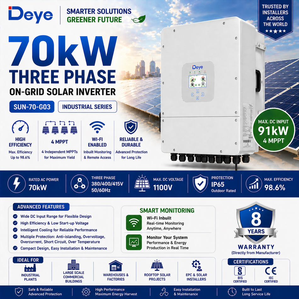 Deye 70kW Three Phase On-Grid Solar Inverter | 4 MPPT | Wi-Fi Enabled | High Efficiency Inverter (SUN-70-G03)