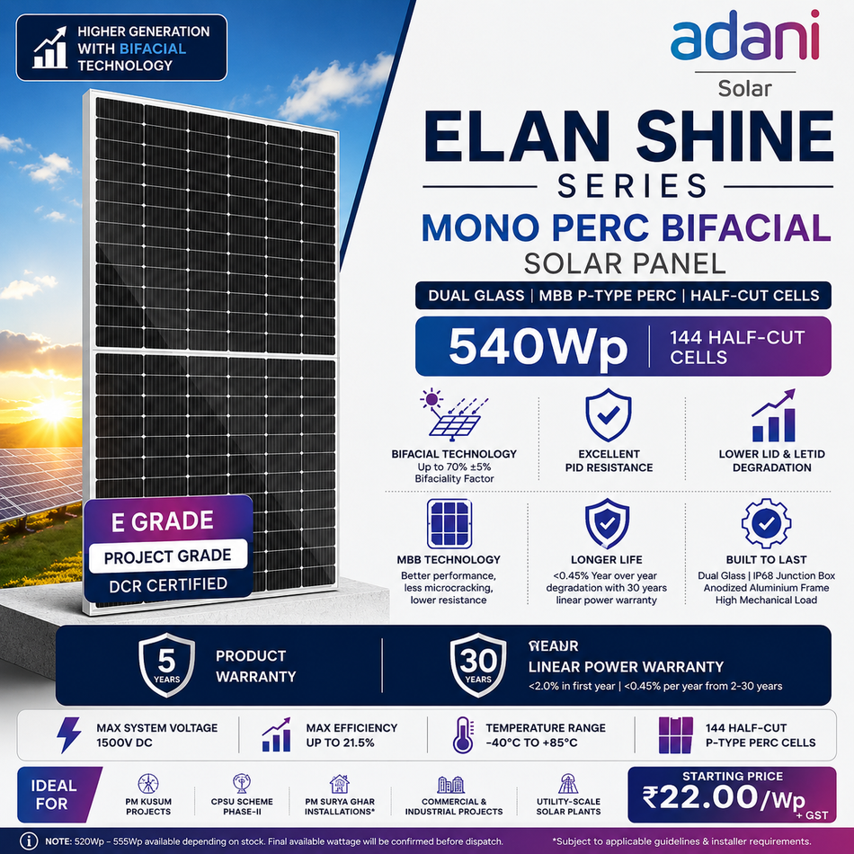 Adani Solar 540Wp Mono PERC Bifacial Solar Panel (DCR) | Dual Glass | 144 Half-Cut Cells | ELAN SHINE Series (E Grade)
