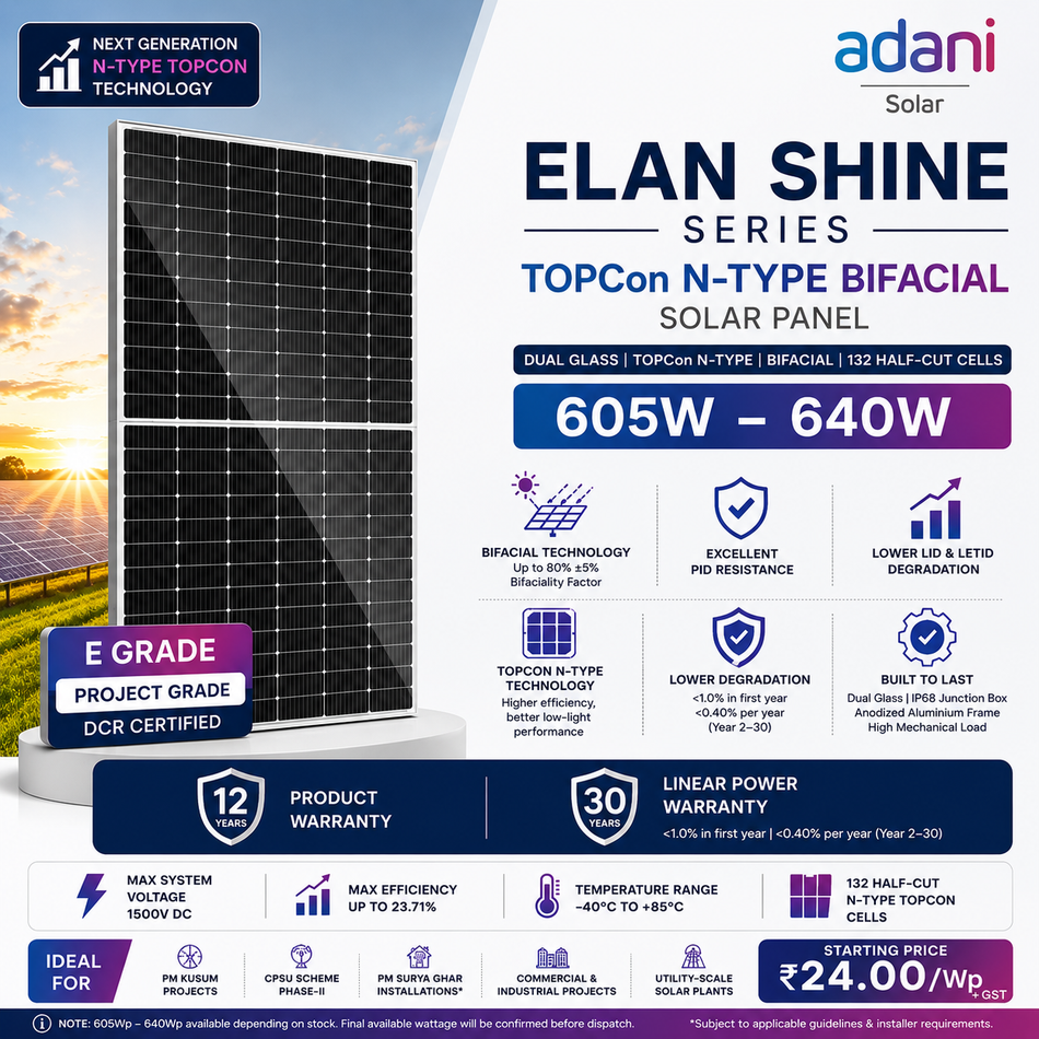 Adani Solar 620Wp TOPCon N-Type Bifacial Solar Panel (DCR) | Dual Glass | 132 Half-Cut Cells | ELAN SHINE Series (E Grade)