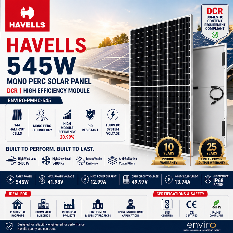 Havells 545W Mono PERC Solar Panel | DCR | High Efficiency Module | 144 Half-Cut Cells