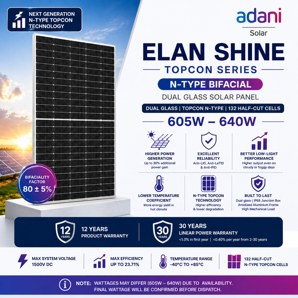 Adani Solar 620Wp TOPCon N-Type Bifacial Solar Panel (DCR) | Dual Glass | 132 Half-Cut Cells | ELAN SHINE Series