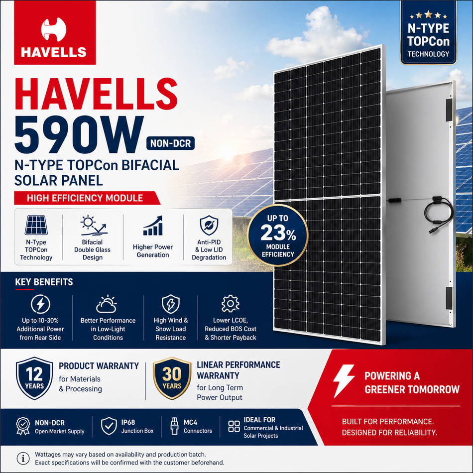 Havells 590W N-Type TOPCon Bifacial Solar Panel | Non-DCR | High Efficiency Module