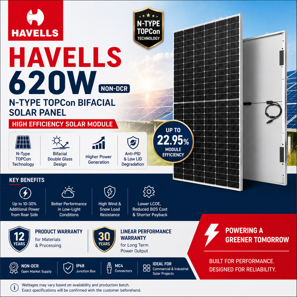 Havells 620W N-Type TOPCon Bifacial Solar Panel | Non-DCR | High Efficiency Solar Module