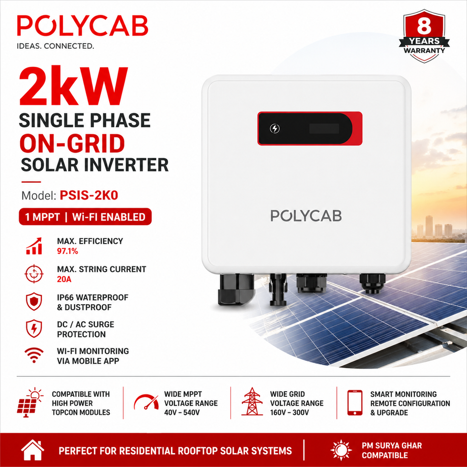 Polycab 2kW Single Phase On-Grid Solar Inverter | Wi-Fi Enabled | 1 MPPT | 8 Years Warranty