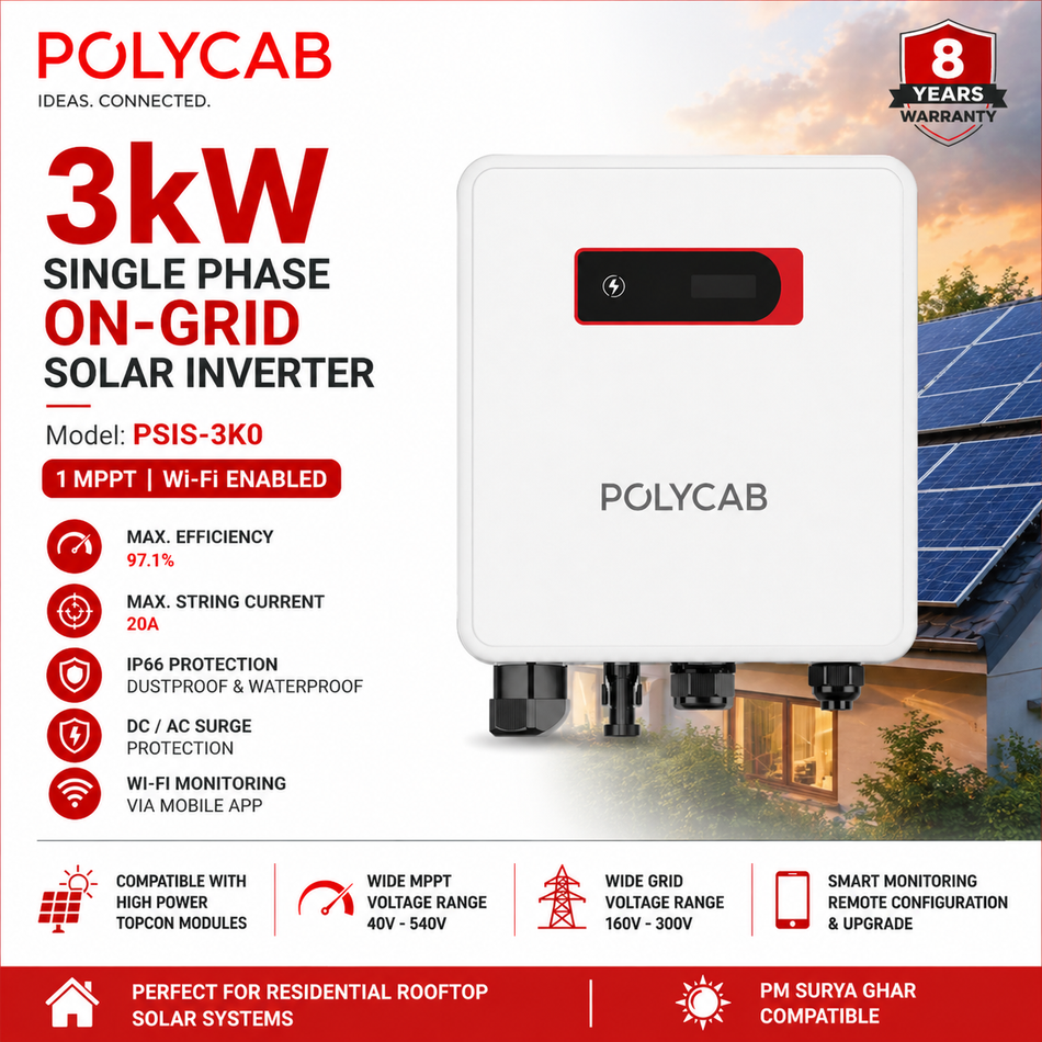 Polycab 3kW Single Phase On-Grid Solar Inverter | Wi-Fi Enabled | 1 MPPT | IP66 Protected