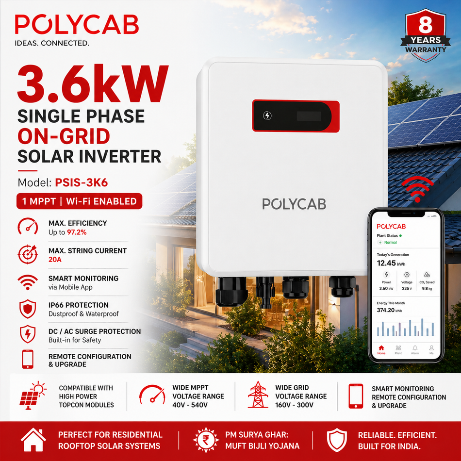 Polycab 3.6kW Single Phase On-Grid Solar Inverter | Wi-Fi Enabled | 1 MPPT | Smart Monitoring