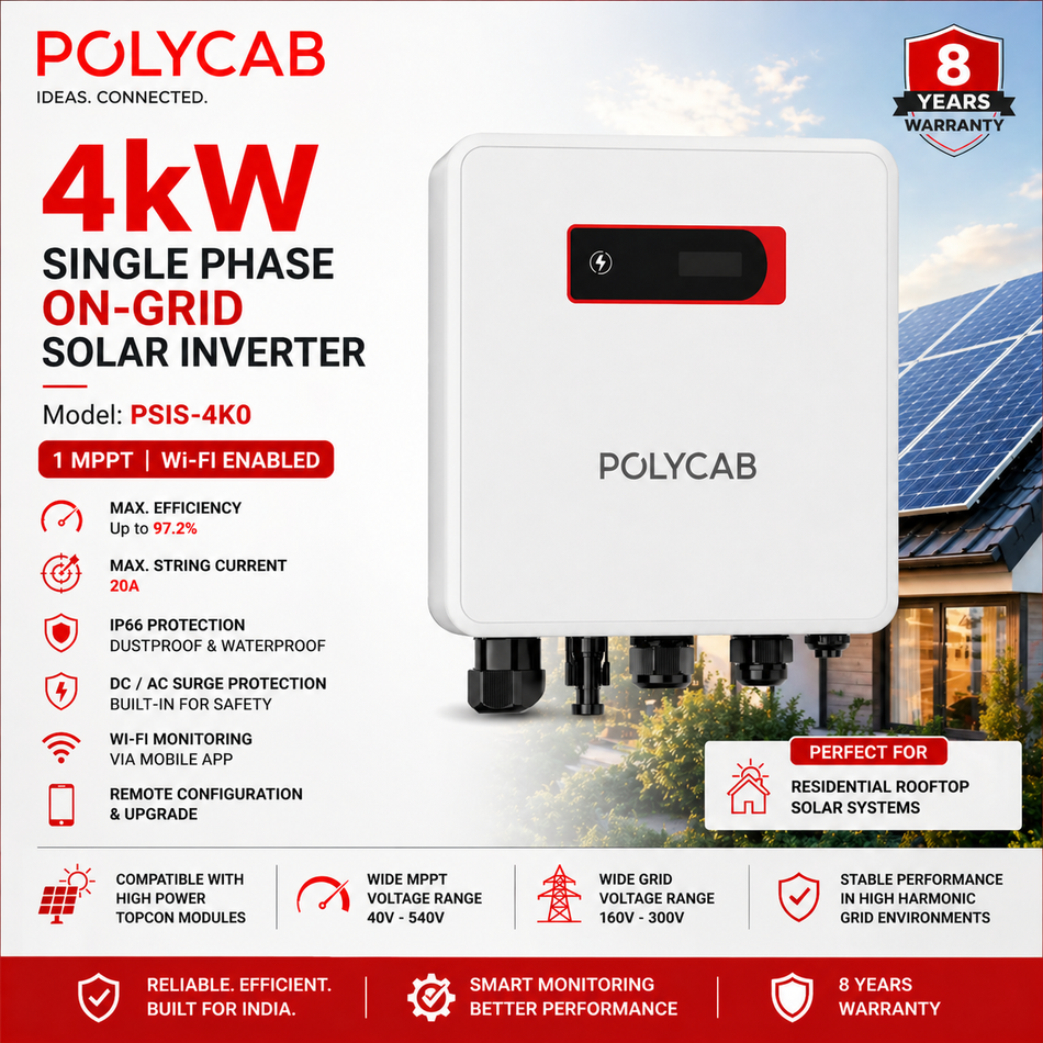 Polycab 4kW Single Phase On-Grid Solar Inverter | Wi-Fi Enabled | 1 MPPT | IP66 | 8 Years Warranty