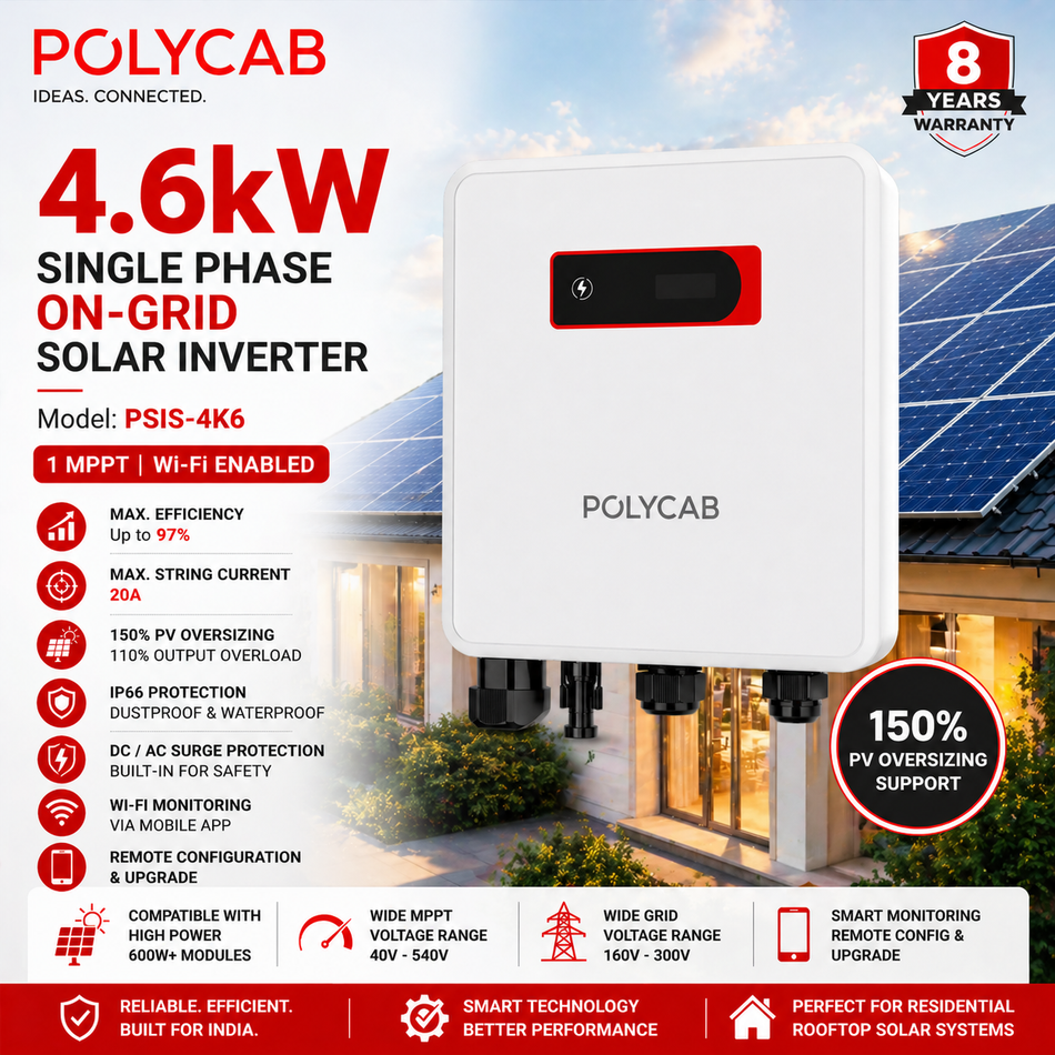 Polycab 4.6kW Single Phase On-Grid Solar Inverter | Wi-Fi Enabled | 1 MPPT | 150% PV Oversizing