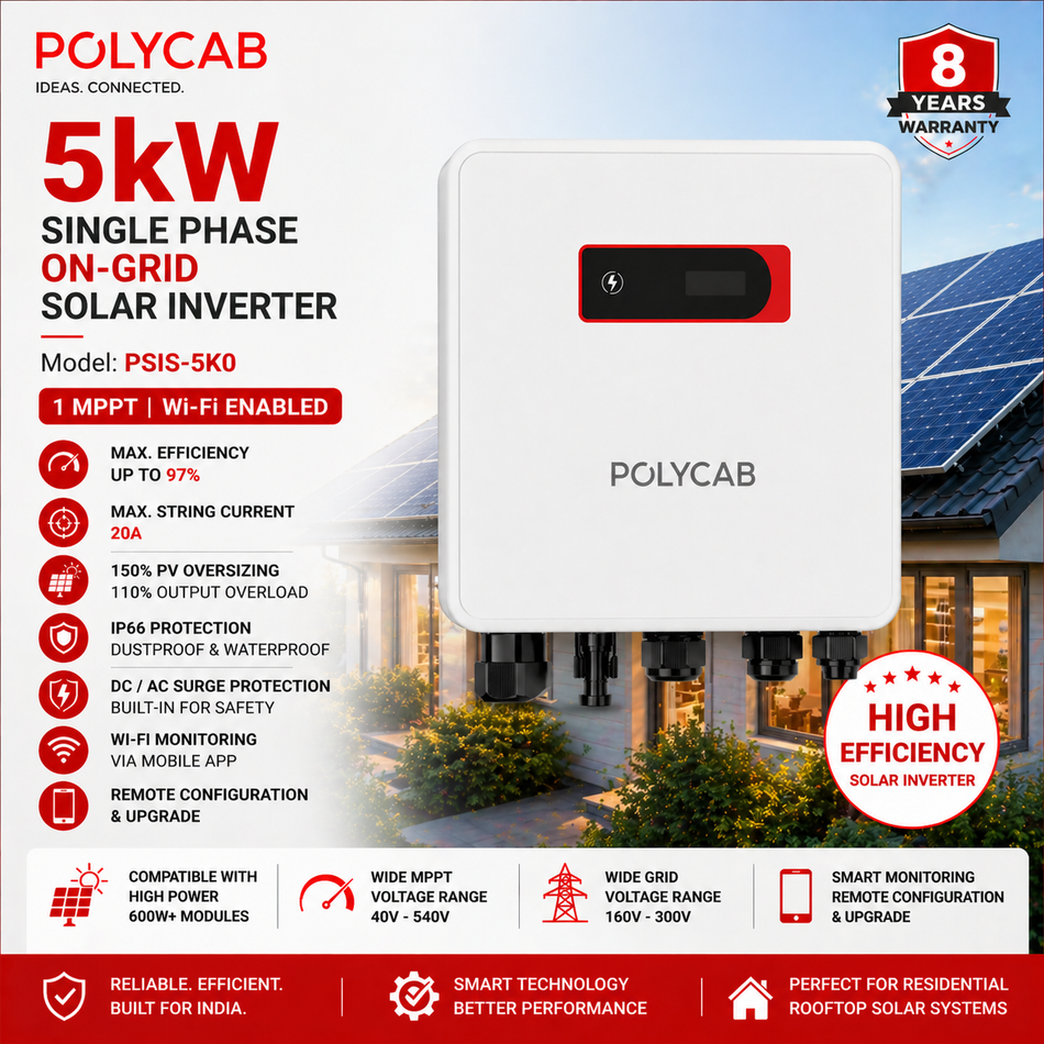 Polycab 5kW Single Phase On-Grid Solar Inverter | Wi-Fi Enabled | 1 MPPT | High Efficiency Solar Inverter