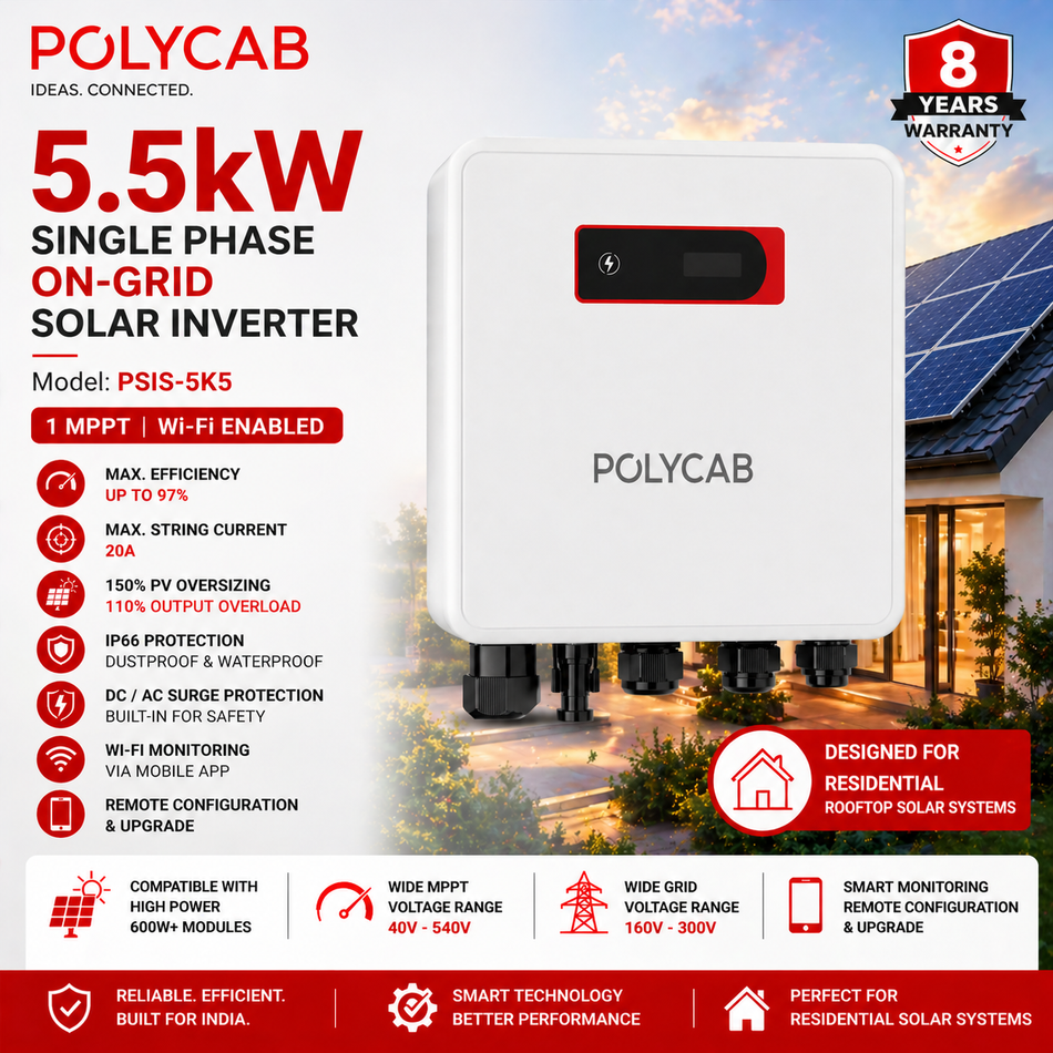 Polycab 5.5kW Single Phase On-Grid Solar Inverter | Wi-Fi Enabled | 1 MPPT | Residential Solar Inverter