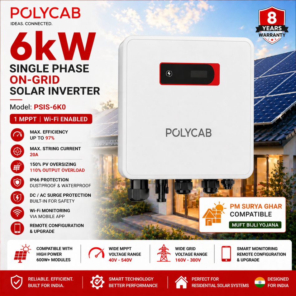 Polycab 6kW Single Phase On-Grid Solar Inverter | Wi-Fi Enabled | 1 MPPT | PM Surya Ghar Compatible