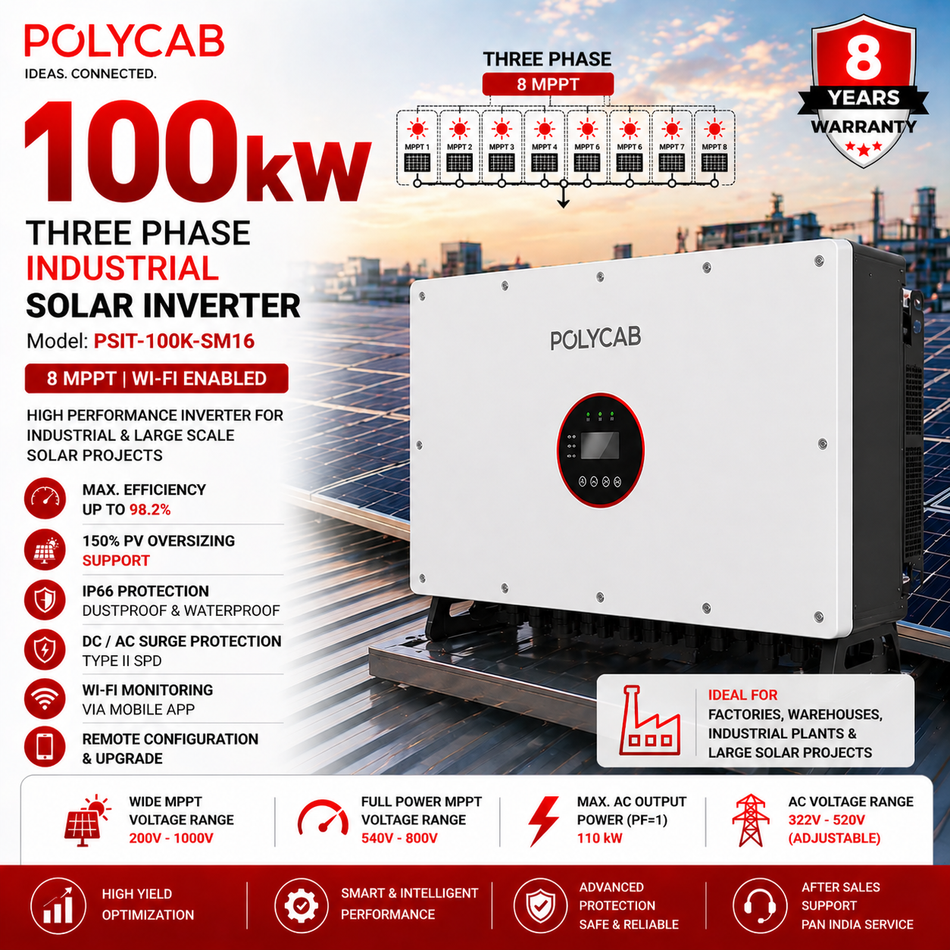 Polycab 100kW Industrial Solar Inverter | 8 MPPT | Three Phase | Wi-Fi Enabled | On-Grid