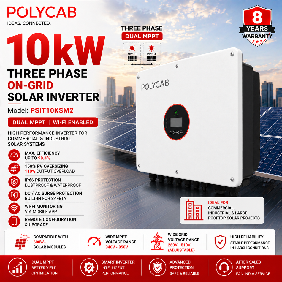 Polycab 10kW Three Phase On-Grid Solar Inverter | Dual MPPT | Wi-Fi Enabled | Commercial Solar Inverter