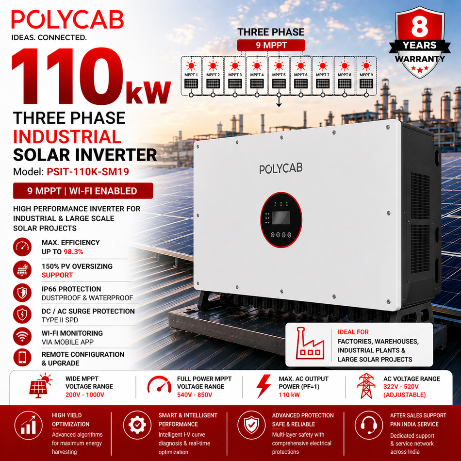 Polycab 110kW Industrial Solar Inverter | 9 MPPT | Three Phase | Wi-Fi Enabled | On-Grid