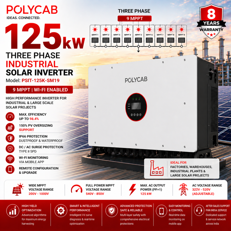 Polycab 125kW Industrial Solar Inverter | 9 MPPT | Three Phase | Wi-Fi Enabled | On-Grid