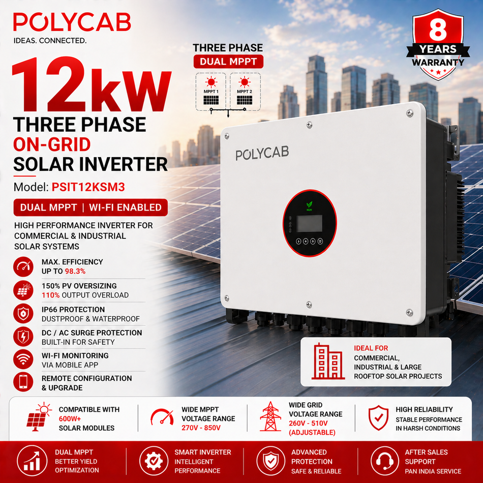Polycab 12kW Three Phase On-Grid Solar Inverter | Dual MPPT | Wi-Fi Enabled | Commercial Solar Inverter