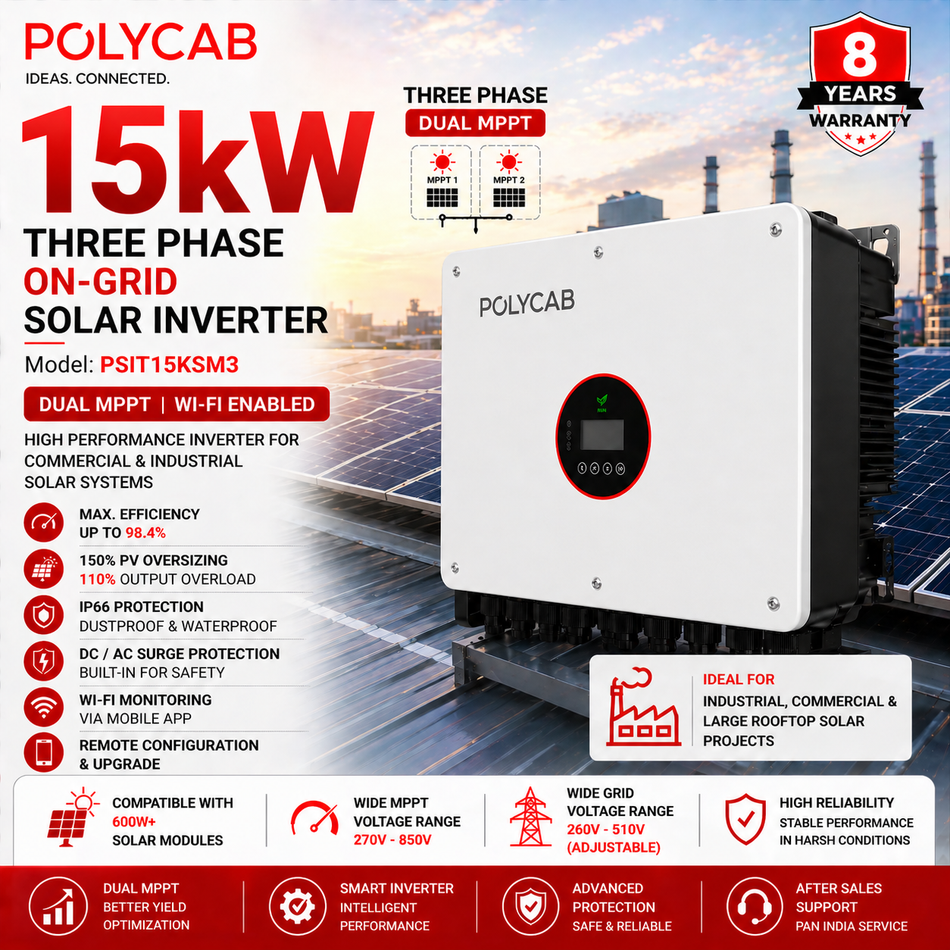 Polycab 15kW Three Phase On-Grid Solar Inverter | Dual MPPT | Wi-Fi Enabled | Industrial Solar Inverter