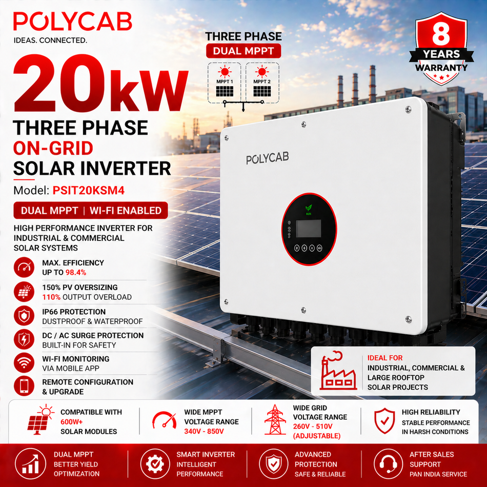 Polycab 20kW Three Phase On-Grid Solar Inverter | Dual MPPT | Wi-Fi Enabled | Industrial Solar Inverter