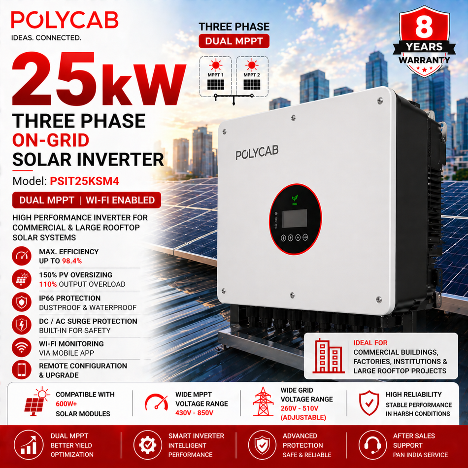 Polycab 25kW Three Phase On-Grid Solar Inverter | Dual MPPT | Wi-Fi Enabled | Commercial Solar Inverter