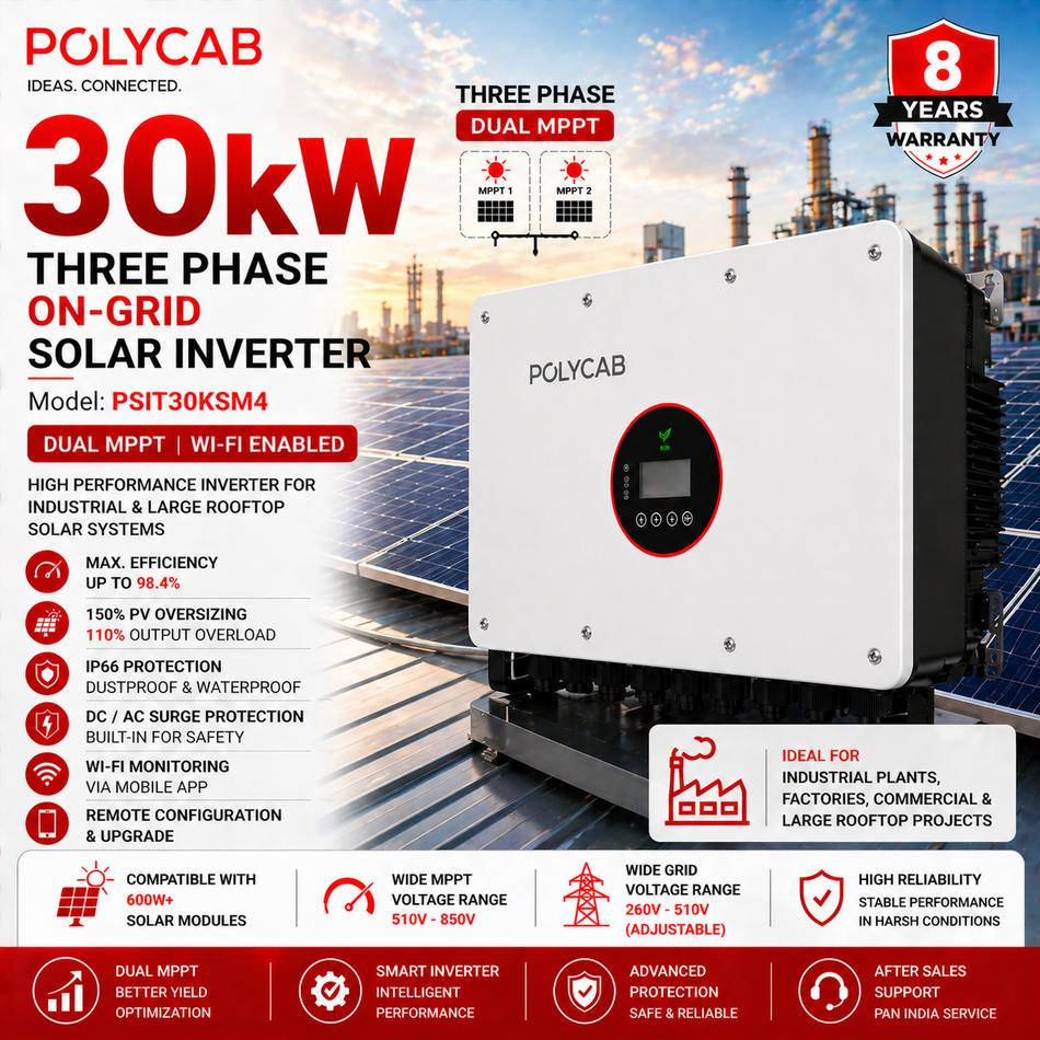 Polycab 30kW Three Phase On-Grid Solar Inverter | Dual MPPT | Wi-Fi Enabled | Industrial Solar Inverter