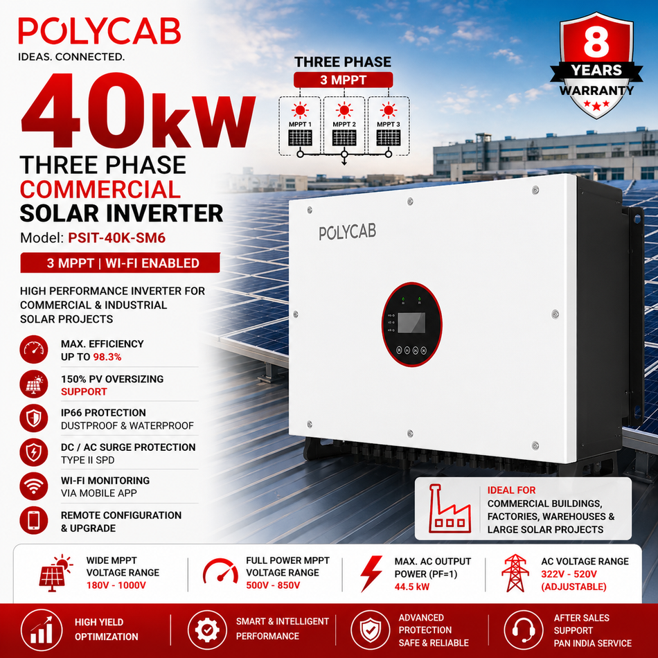 Polycab 40kW Three Phase Commercial Solar Inverter | 3 MPPT | Wi-Fi Enabled | Industrial Solar Inverter