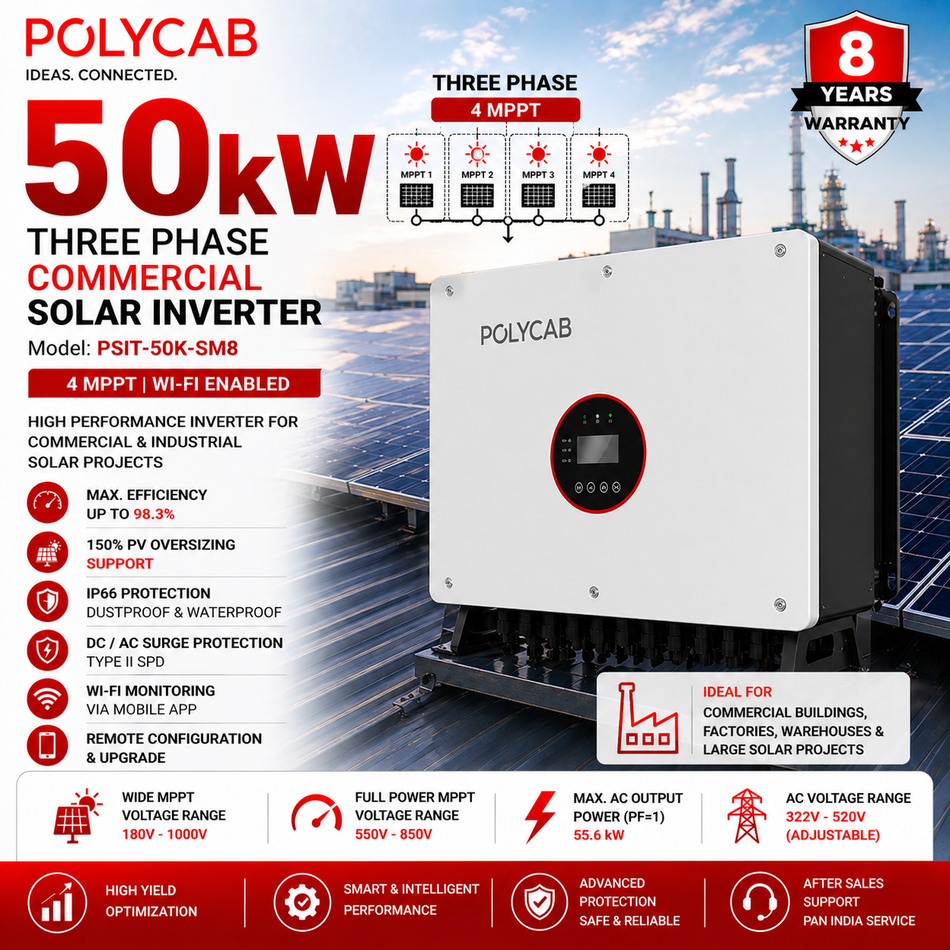 Polycab 50kW Three Phase Commercial Solar Inverter | 4 MPPT | Wi-Fi Enabled | Industrial Solar Inverter