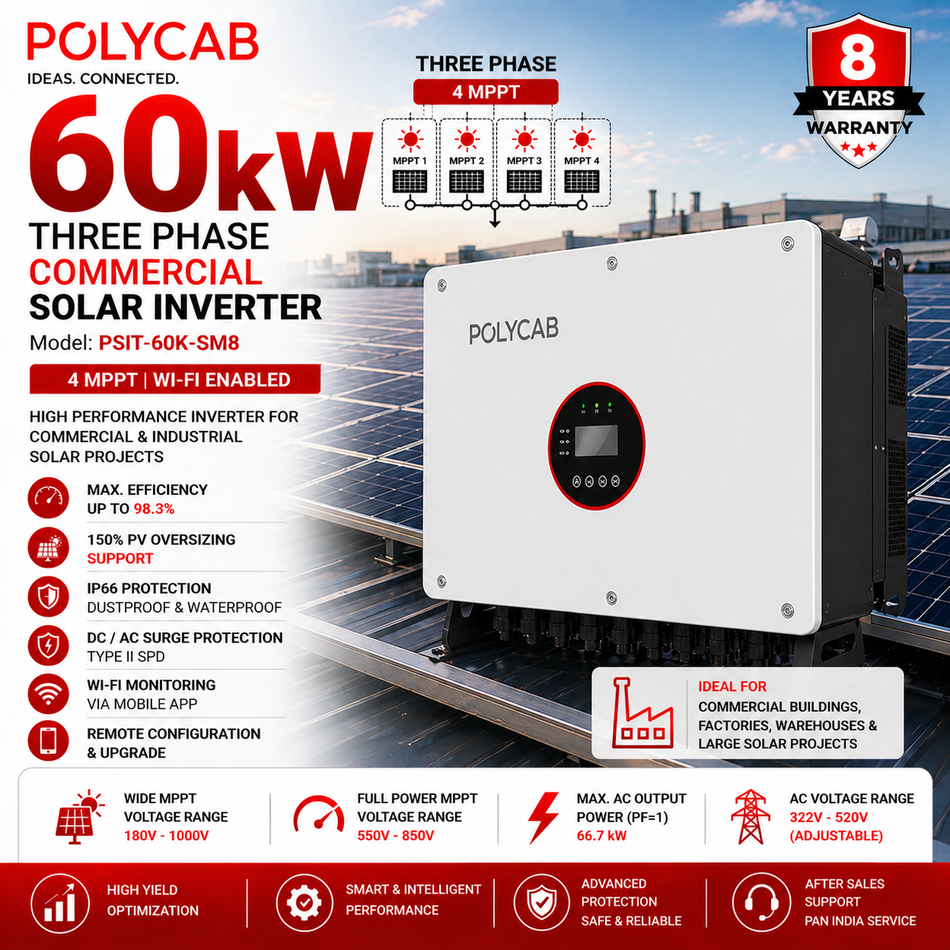 Polycab 60kW Three Phase Commercial Solar Inverter | 4 MPPT | Wi-Fi Enabled | Industrial Solar Inverter