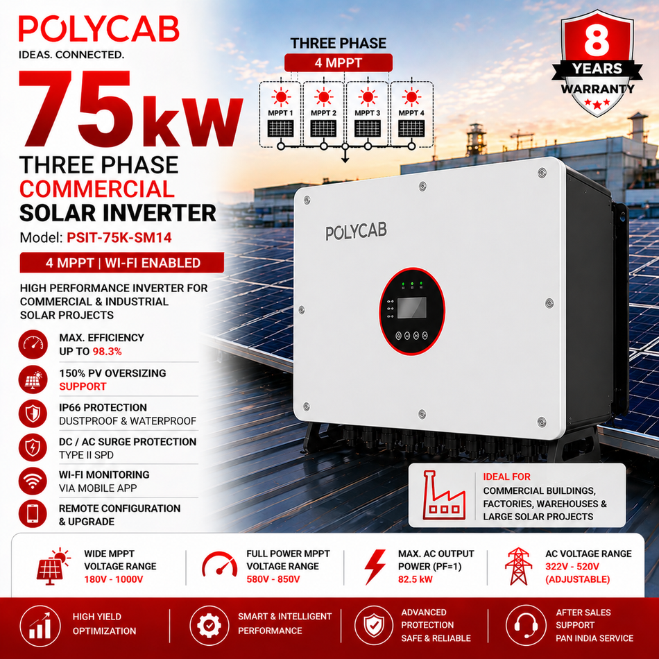 Polycab 75kW Three Phase Commercial Solar Inverter | 4 MPPT | Wi-Fi Enabled | Industrial Solar Inverter