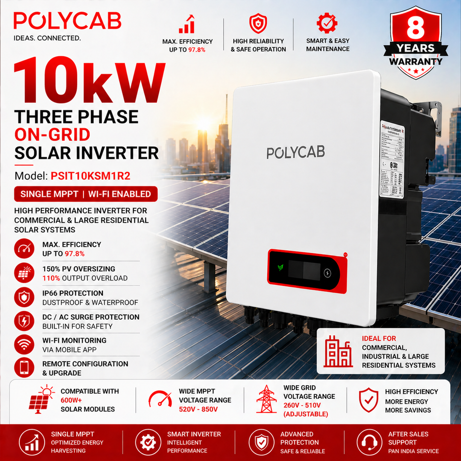 Polycab 10kW Three Phase On-Grid Solar Inverter | Single MPPT | Wi-Fi Enabled | Commercial Solar Inverter