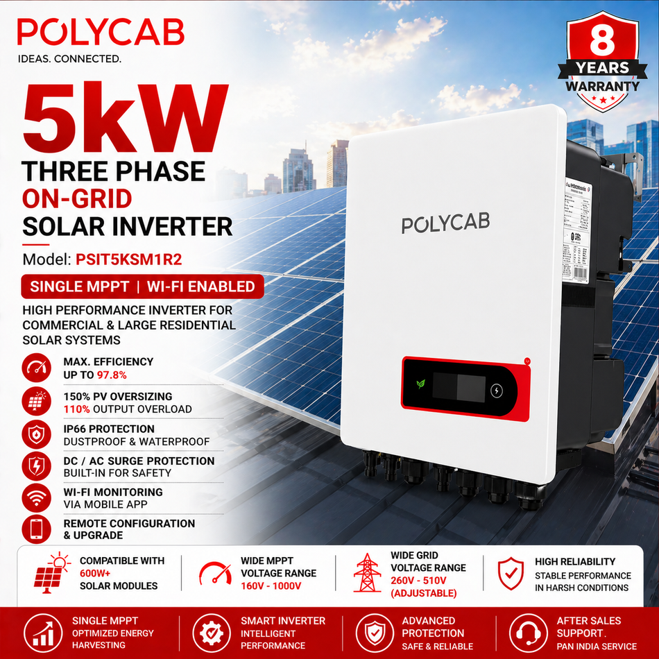 Polycab 5kW Three Phase On-Grid Solar Inverter | Single MPPT | Wi-Fi Enabled | Commercial Solar Inverter