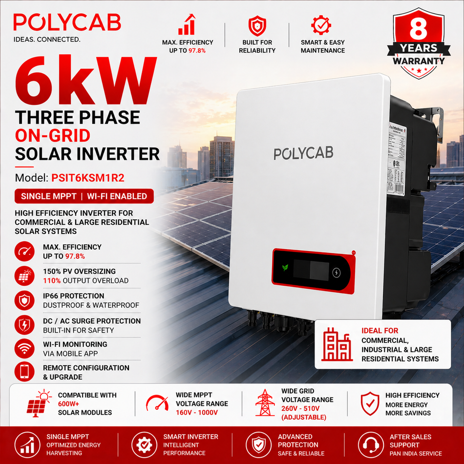 Polycab 6kW Three Phase On-Grid Solar Inverter | Single MPPT | Wi-Fi Enabled | High Efficiency Solar Inverter