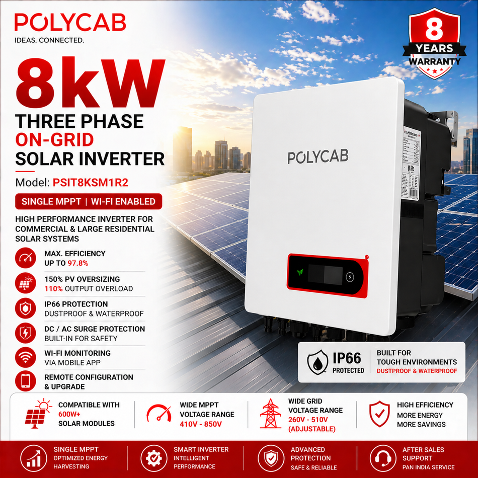 Polycab 8kW Three Phase On-Grid Solar Inverter | Single MPPT | Wi-Fi Enabled | IP66 Protected