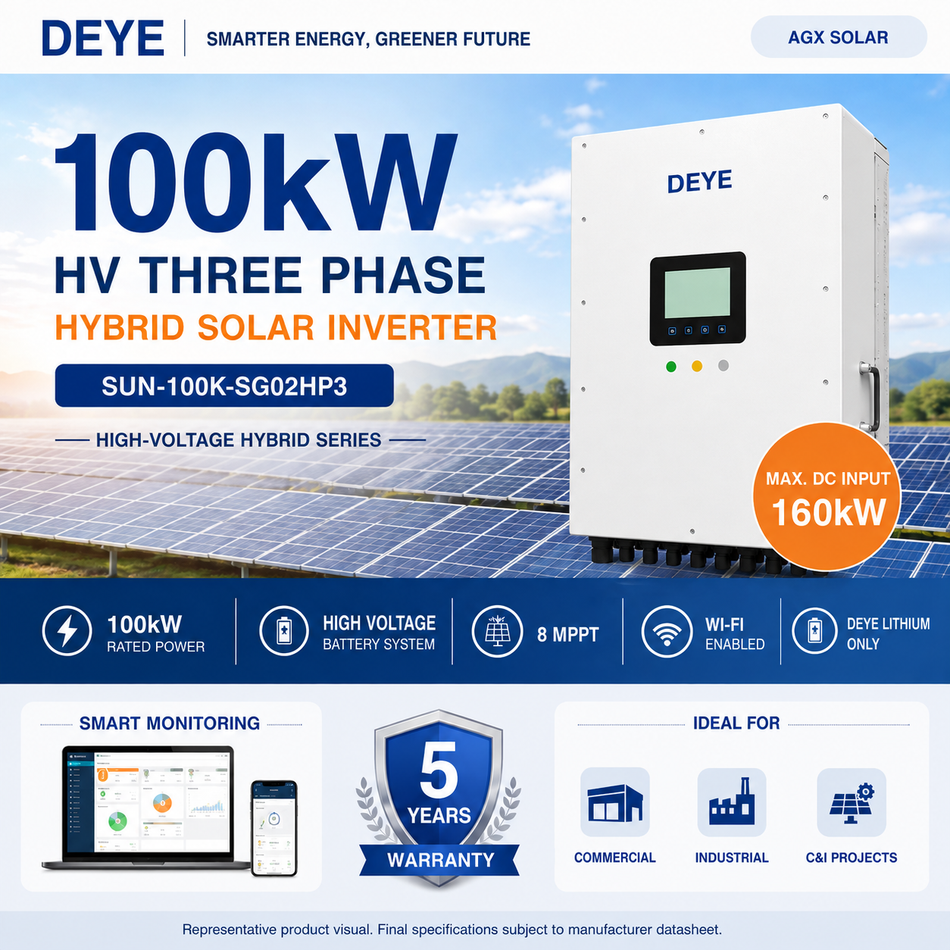 Deye 100kW High Voltage Three Phase Hybrid Solar Inverter | 8 MPPT | Wi-Fi Enabled | SUN-100K-SG02HP3