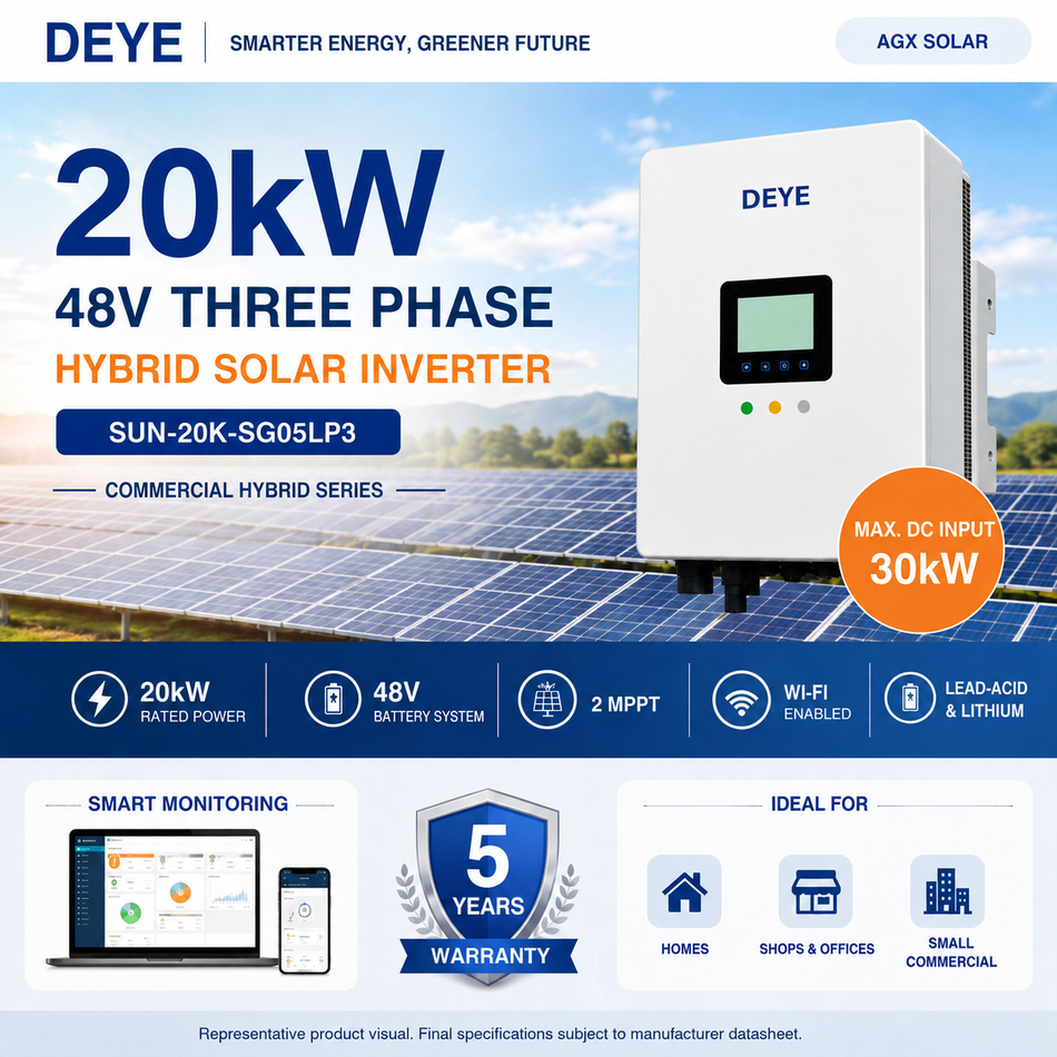 Deye 20kW 48V Three Phase Hybrid Solar Inverter | 2 MPPT | Wi-Fi Enabled | SUN-20K-SG05LP3